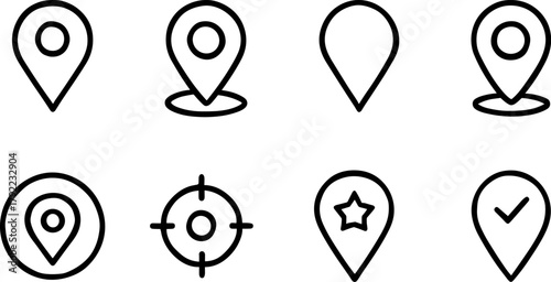 Location and navigation icons set. Map pin, route, destination, global positioning. Outline vector illustrations