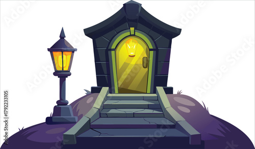 Spooky gothic entrance with glowing door and old lantern