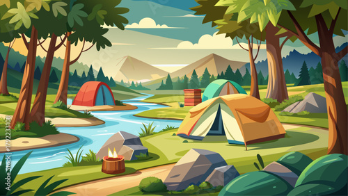 Very beautiful USA campsite at Weston Bend State Park in Rushville, Platte County, Missouri, featuring tents among lush greenery, forested surroundings, and a serene riverside setting, capturing the p