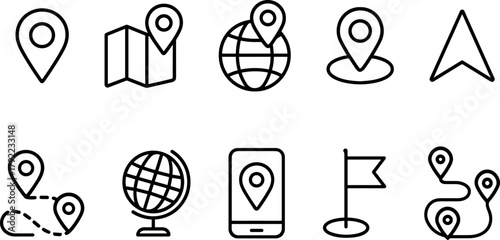 Location and navigation icons set. Map pin, route, destination, global positioning. Outline vector illustrations