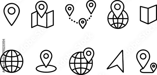 Location and navigation icons set. Map pin, route, destination, global positioning. Outline vector illustrations