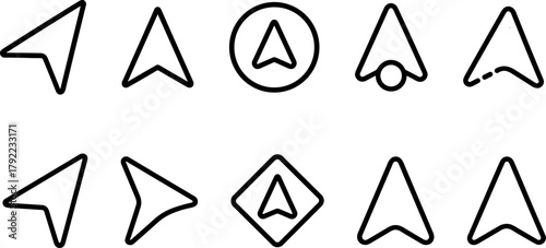 Location and navigation icons set. Map pin, route, destination, global positioning. Outline vector illustrations