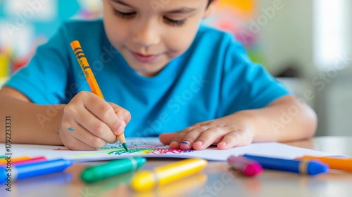 Wallpaper Mural Close-Up of Happy Young Boy Drawing with Colorful Crayons in Classroom Torontodigital.ca