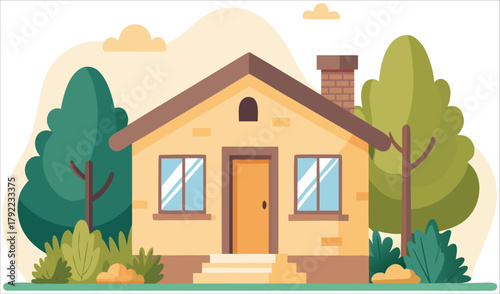 Charming cartoon house with trees and bushes in a sunny landscape