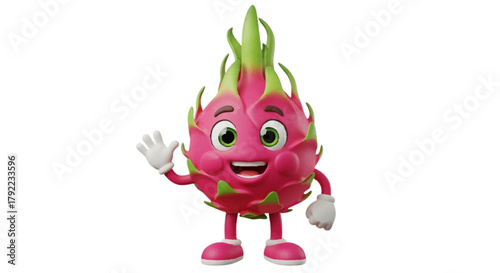 Cute Dragon Fruit Character, 3D Animated Mascot Waving, Friendly Exotic Fruit Design for Kids, Brands, and Healthy Food Marketing