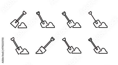Collection of eight shovel and dirt pile icons in a simple line art silhouette style
