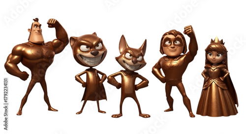 Golden Superhero Team, 3D Animated Cartoon Characters, Heroic Poses, Fantasy Adventure Group, Perfect for Games, Ads, and Kids’ Media