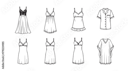 Collection of elegant nightgown and robe fashion sketches silhouette