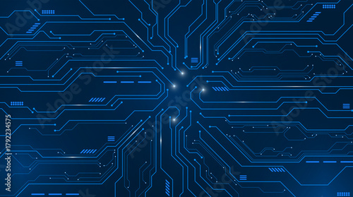 Circuit board on technology dark blue background. Abstract digital tech bg. Electronics and computer technology concept. Chip and circuit board. Chip connectors illustration. Digital vector web banner