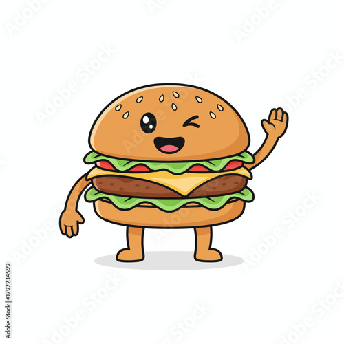 Friendly cartoon burger waving hello, a fun mascot perfect for fast food branding or children's menus, brings joy and appetite appeal to any design