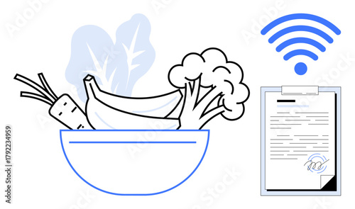 Bowl of fruits and vegetables, checklist with digital signature, and wireless icon. Ideal for health, nutrition, technology, online groceries, meal planning digitalization and smart tools. Simple