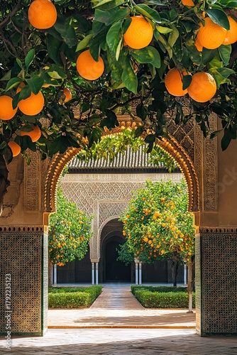 Fototapeta Naklejka Na Ścianę i Meble -  Ripe oranges hanging from branches framing an arched view into a sunlit Mediterranean courtyard garden