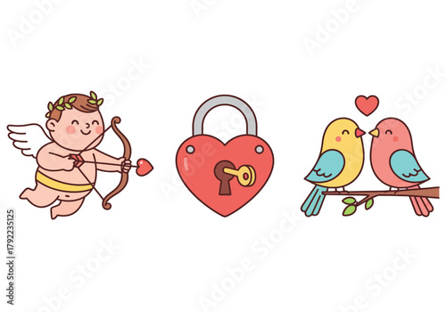 Romantic Cupid Heart Lock and Lovebirds Illustration Set