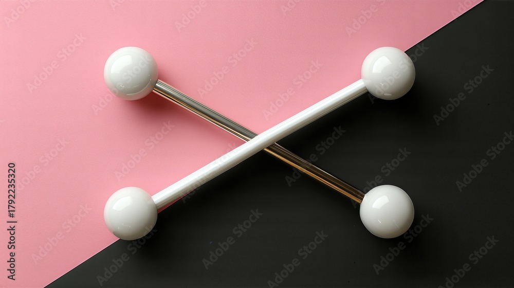 Obraz premium Minimalist Design Of Crossed Dumbbells On Pink And Black Background. Strength, Fitness, Gym Concept, Modern Workout Visual, Sports Lifestyle Equipment