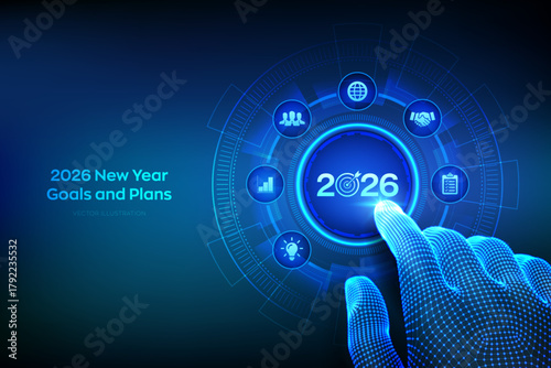 2026 New year Goals and plans. Business plan and strategies. Goal acheiveement and success in 2026. Resolutions, plan, action, checklist concept. Wireframe hand touching digital interface. Vector.