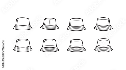Collection of eight hand drawn bucket hat silhouettes in a simple sketch style silhouette