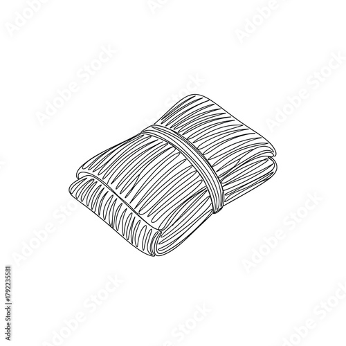 A hand drawn sketch of a bundle of twine tied with a string