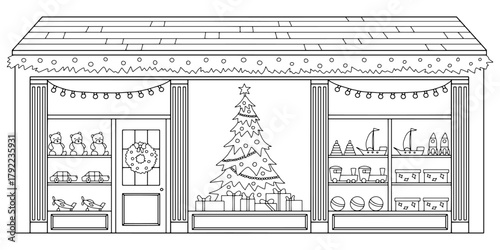 Christmas store building graphic black white sketch isolated illustration vector