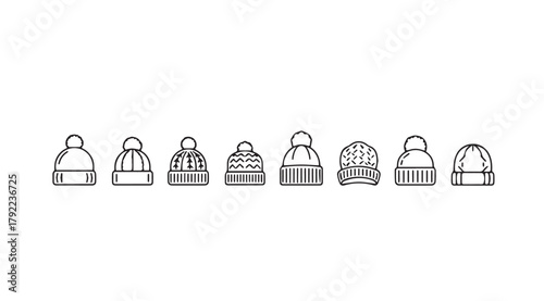 Collection of hand drawn knitted winter hats in a row silhouette