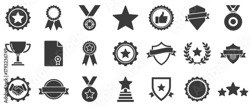 Achievement and Recognition Icons. Collection of Awards, Badges, Medals, and Certification glyph pictogram Icons Set