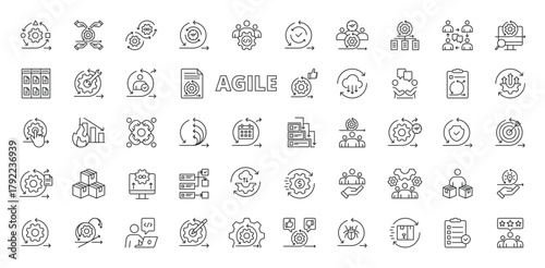 Agile icons in line design. sprint, scrum, workflow, iteration, team, planning, collaboration, project, flexibility, development on white background vector. Agile editable stroke icons