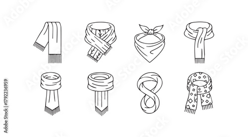 Collection of eight different scarf tying styles illustrated in a clean silhouette style