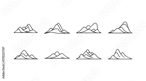 Collection of eight distinct mountain range silhouettes in a minimalist line art style silhouette