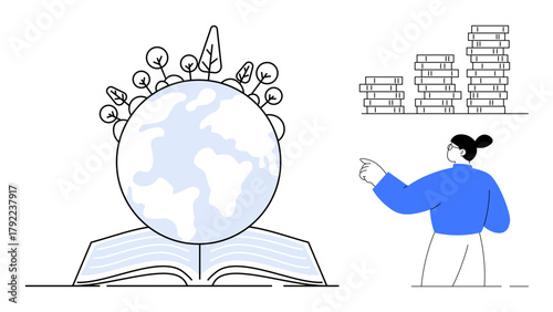 Open book supporting a globe with plants, stacks of books, and a woman engaging with learning. Ideal for education, learning, sustainability, growth, study ecology and progress. Simple flat