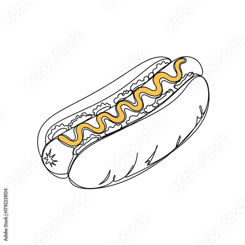 Hand drawn sketch of a classic hot dog with a generous squiggle of yellow mustard