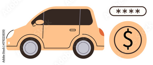 Small car alongside dollar coin icon and a password field reinforces themes of online car purchasing, rentals, or secure vehicle payment. Ideal for finance, technology, e-commerce, transportation