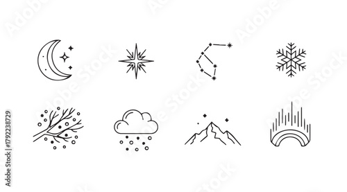 Collection of hand drawn celestial and weather icons in a minimalist line art silhouette style