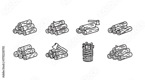 Collection of woodpile and firewood bundle icons in a simple black and white silhouette style