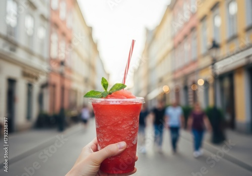 Hand holding a refreshing red slushy drink mint on a city street