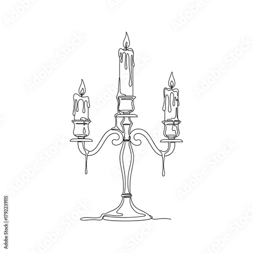 Ornate three candle candelabra with dripping wax in a vintage sketch style