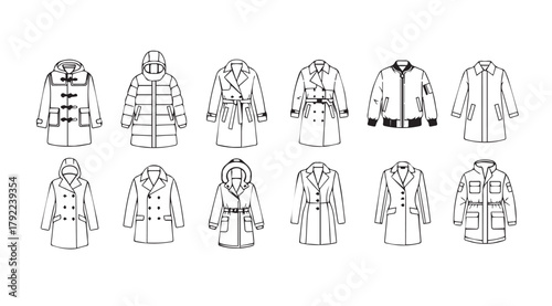 Collection of fashion coat designs in a clean line art silhouette style