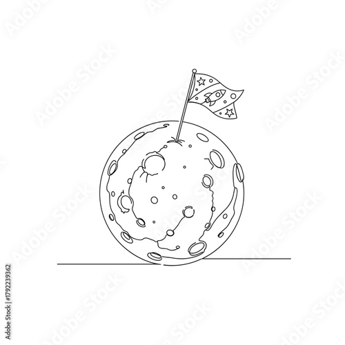 Simple line drawing of the moon with a flag planted on its surface