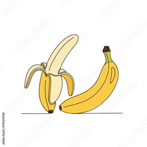 Two yellow bananas one partially peeled drawn in a simple illustrative style