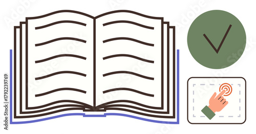 Open book with pages, green tick for validation, hand touching screen for interaction. Ideal for education, knowledge, e-learning, approval, online study literature instruction. Simple flat