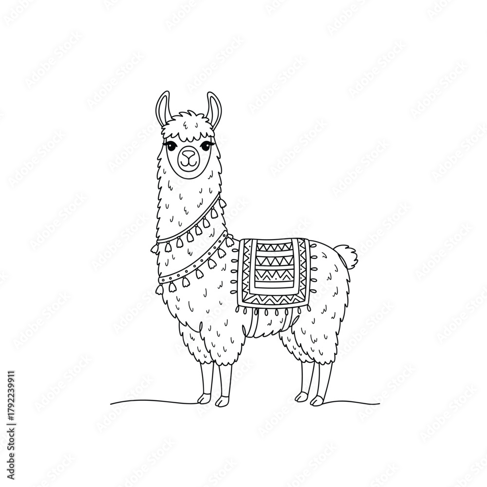 Obraz premium Whimsical outline drawing of a friendly llama wearing a decorative saddle