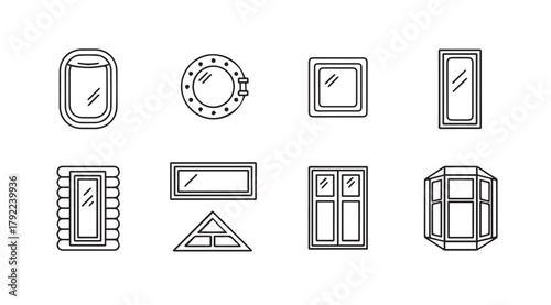Collection of various window styles in a simple black and white silhouette illustration
