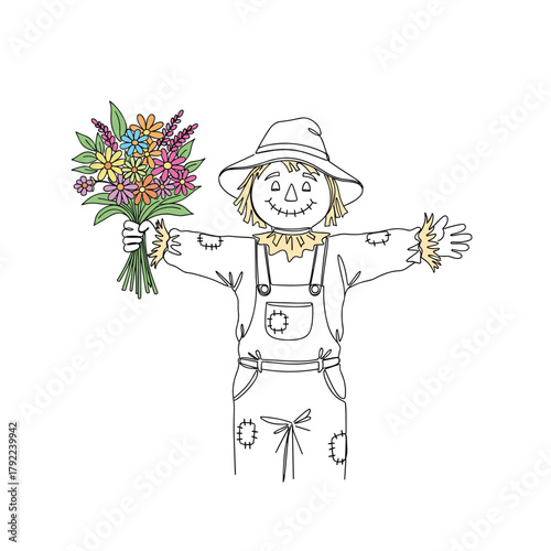 Whimsical scarecrow character holding a vibrant bouquet of colorful flowers