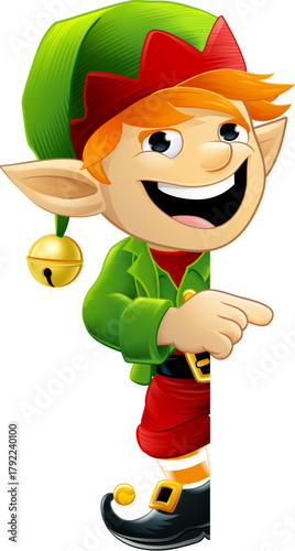 Christmas elf Santa Claus helper cartoon character peeking around a sign illustration