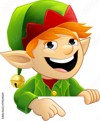Christmas elf Santa Claus helper cartoon character peeking around a sign illustration