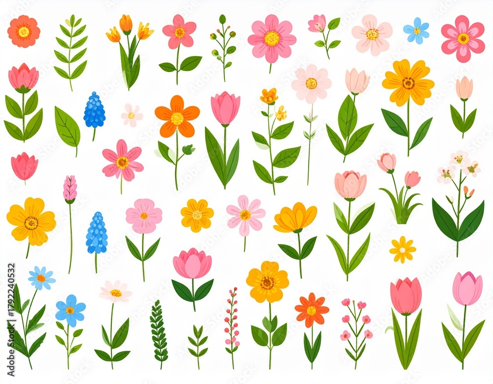 Obraz premium flowers, plants, vector, easter, happy, floral, spring, flower, nature, design, illustration, cartoon, plant, flat, style, graphic, digital, art, pattern, holiday, celebration, background, cute, rabbi