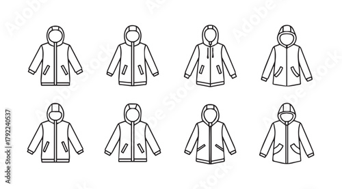 Collection of eight hooded jacket fashion design sketches silhouette