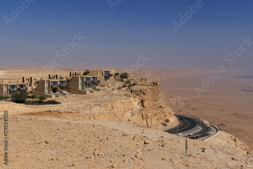 Road on the cliff at Ramon Crater in Mizpe Ramon in Negev desert, Israel