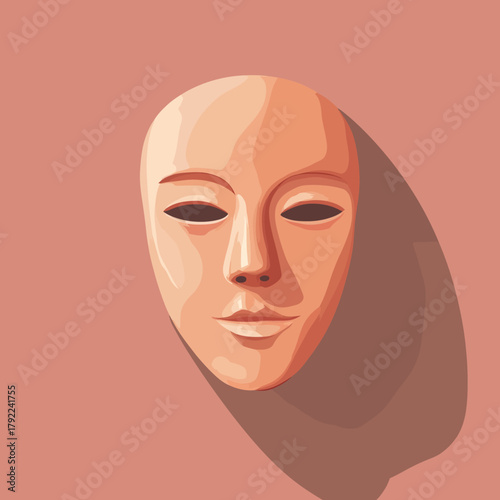 Minimalist flat vector illustration of smooth clay mask with soft facial features and distinct shadow on muted background for beauty concept