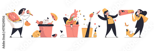People reducing food waste and meal garbage by composting leftovers and recycling food scraps in flat minimalist vector illustration