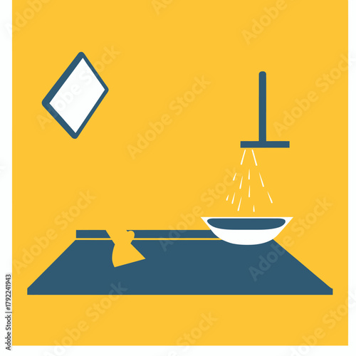 Minimalist vector illustration of wet floor warning sign with shoe slipping on shiny tiled surface under dripping water indoor safety hazard concept in flat design