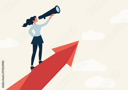 Businesswoman standing on red upward arrow holding telescope looking forward future vision growth success concept flat vector illustration